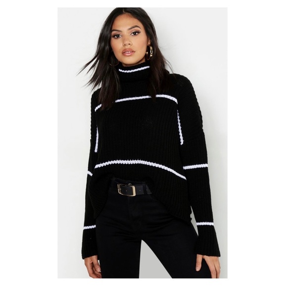 Roll Neck Stripped Drop Shoulder Sweater - Picture 2 of 4